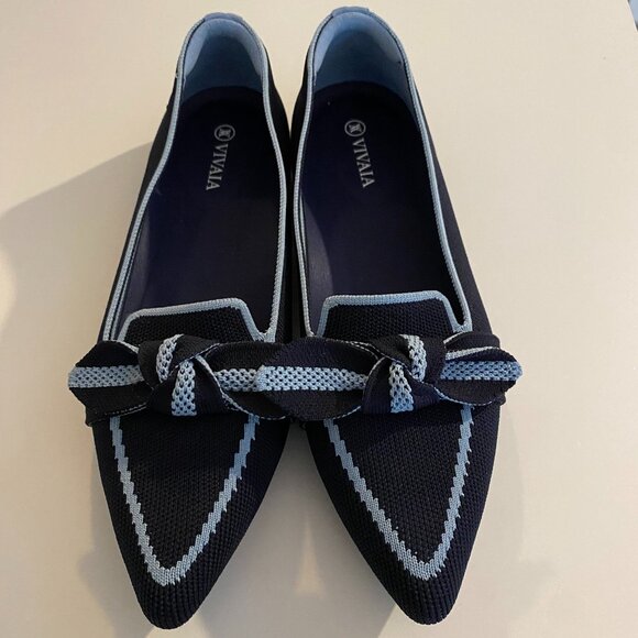 Vivaia Pointed-Toe Bow Loafers Michelle 2.0 Navy Multi Breathable Machine Wash - Picture 1 of 11